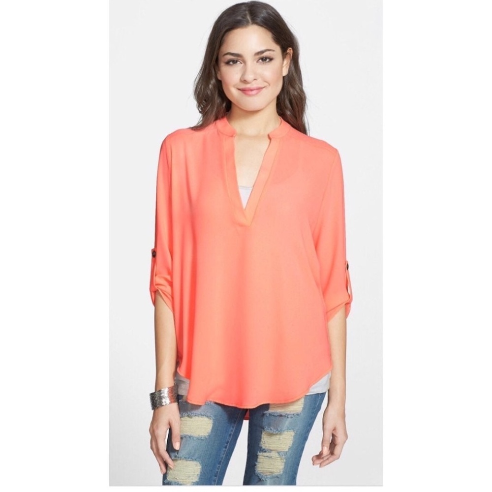 LUSH Roll Tab Sleeve Tunic in Bright Coral XL